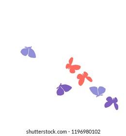 Summer Background with Colorful Butterflies. Simple Feminine Pattern for Card, Invitation, Print. Trendy Decoration with Beautiful Butterfly Silhouettes. Vector Background with Moth
