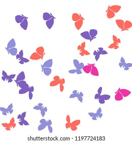 Summer Background with Colorful Butterflies. Simple Feminine Pattern for Card, Invitation, Print. Trendy Decoration with Beautiful Butterfly Silhouettes. Vector Background with Moth
