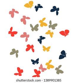 Summer Background with Colorful Butterflies. Simple Feminine Pattern for Card, Invitation, Print. Trendy Decoration with Beautiful Butterfly Silhouettes. Vector Background with Moth