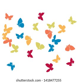 Summer Background with Colorful Butterflies. Simple Feminine Pattern for Card, Invitation, Print. Trendy Decoration with Beautiful Butterfly Silhouettes. Vector Background with Moth