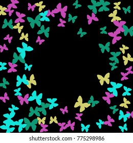 Summer Background with Colorful Butterflies. Simple Delicate Pattern for Card, Invitation, Print. Trendy Decoration with Beautiful Butterfly Silhouettes. Vector Frame with Moth