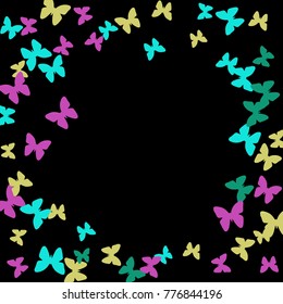 Summer Background with Colorful Butterflies. Simple Feminine Pattern for Card, Invitation, Print. Trendy Decoration with Beautiful Butterfly Silhouettes. Vector Frame