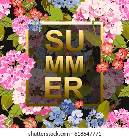 Summer background with colorful flowers, design element. Can be used for cards, scrapbooking, print, posters, flyers, textile design, banners, manufacturing. Decorative flowers in watercolor style