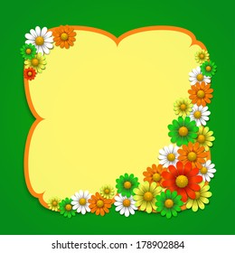 Summer background with colorful flowers and frame, vector illustration 