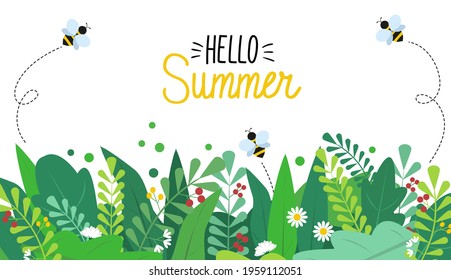 Summer background with colorful green leaves, bees and flowers on white background. Spring vector flat style template for banner, flyer, wallpaper, brochure, greeting card. Cartoon vector illustration