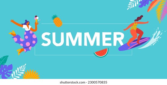 Summer background. Colorful, modern style banner. Summer fun, summer beach concept design with women surfing and eating ice cream