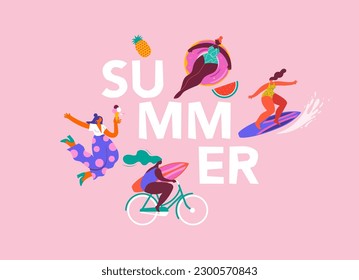 Summer background. Colorful, modern style banner. Summer fun, summer beach concept design with women having fun at the beach