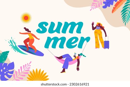 Summer background. Colorful, modern style banner. Summer fun, summer beach concept design with woman in hammock, traveling, surfing