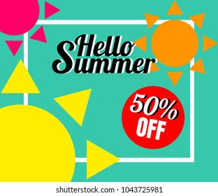 Summer background with colorful sun. There is word 'Hello Summer'. Vector illustration use for web banner, poster or flyer. Picture with copy space for text or product marketing and advertising.
