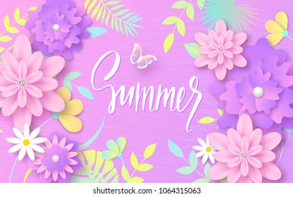 Summer background with colorful tropical leaves, flowers. Handwritten lettering. Design layout for invitation, greeting card, ad, promotion, banner, poster, voucher