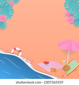 Summer background concept. Beach chair, umbrella, picnic mat, and tropical trees on the beach with the sea wave. Paper art design.
