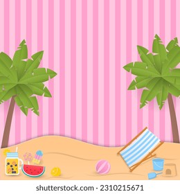Concepto de fondo veraniego. Los cocoteros y los elementos estivales de la playa con estribos rosados y espacio para copiar. Diseño de arte de papel.