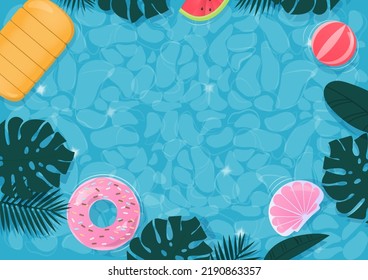 Summer background concept. Colorful swimming ring, ball, and leaves floating in the pool with space for copy text.