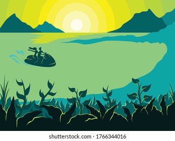 Summer background, the concept is a couple who are riding an aquabike on a beautiful beach