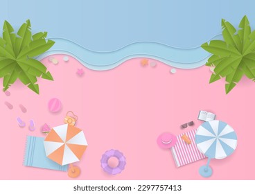 Concepto de fondo veraniego. Agradables elementos de verano en la playa, con el mar y los cocoteros. Diseño de arte de papel.