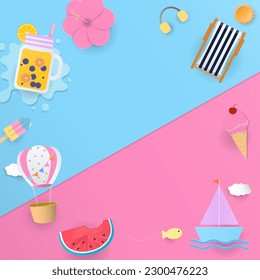 Summer background concept. Cute summer elements, beach chair, ice cream, drinks, watermelon, and balloon on a pastel background. Paper art design.
