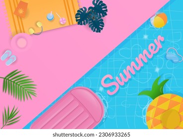 Summer background concept. Cute summer elements and tropical trees on pink background with an inflatable swim ring floating in the swimming pool. 