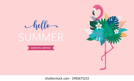 Diseño de fondo y concepto de verano, flamingo rosa con hojas exóticas de selva y loro. Hola fondo de verano y banner