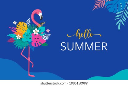 Summer background and concept design, Pink flamingo with jungle exotic leaves and parrot. Hello summer background and banner