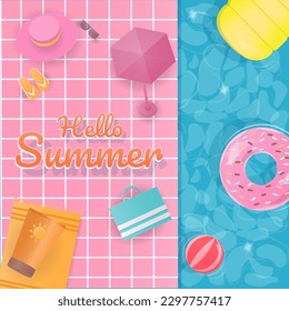 Summer background concept. Hello summer text, colorful summer design elements, and a swimming ring floating in the pool. Paper art style.