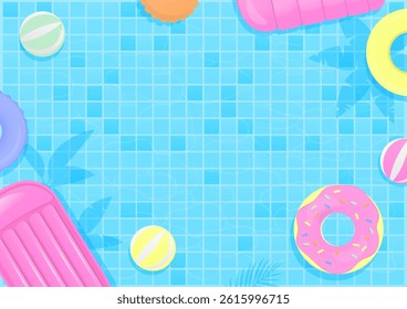 Summer background concept. Multi colored inflatable swim ring floats on a swimming pool with a blue background.