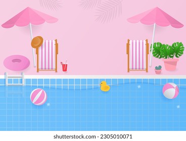 Summer background concept. Pink beach chair and umbrella with trees nearby the swimming pool.