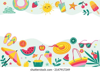 Summer background concept. Set of cute summer elements. Food, drinks, palm leaves, fruits, beach umbrella, rubber ring, flip flops. Beach party items collection.