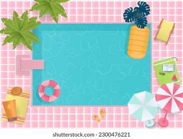 Summer background concept. Swimming pool and cute summer elements with coconut trees. Paper art with flat lay design.
