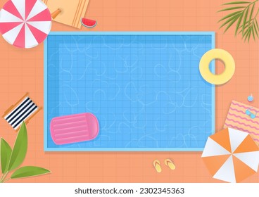 Summer background concept. Swimming pool, inflatable swim ring, picnic mat, umbrella, tropical trees, and copy space. Paper art with flat lay design.