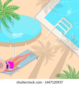 Summer background concept. Woman relaxing on a lounger at poolside under palm tree and drinks a cocktail. Vector Illustration.

