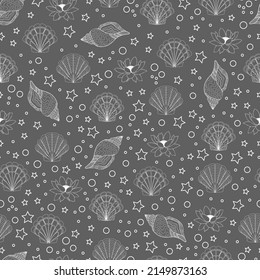 summer background with contour seashells lotus flowers stars and bubbles on colored background vector seamless pattern