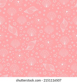 summer background with contour seashells lotus flowers stars and bubbles on colored background vector seamless pattern