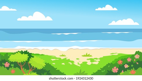 Summer background with copy space for text - landscape with exotic plants, leaves, sea, ocean - background for banner, greeting card, poster for travel blog or agency. Seaside view with blue sky.