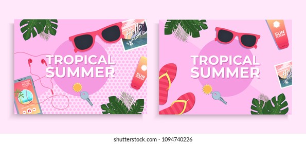 Summer background. Covers template with tropical leaves. Vector illustration