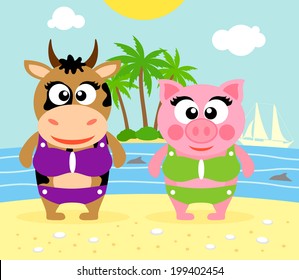  Summer  background with cow and  pig vector