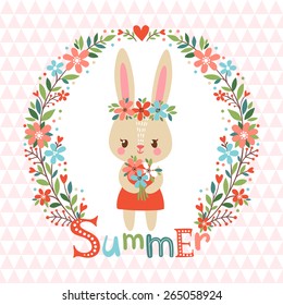 Summer background with cute bunny and flower frame. Illustration vector.