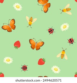 Summer background with cute butterflies, ladybugs, bees, flowers and strawberries on green. Vector cartoon flat illustration.