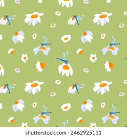 Summer background daisies dragonfly Green seamless pattern spring bloom meadow flower lush foliage ornament wrapping fabric wallpaper textile mosaic