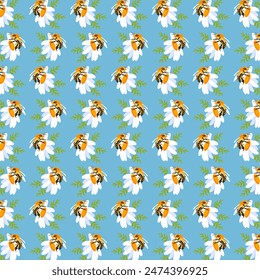 Summer background daisy bee Blue seamless pattern spring white meadow flower green leaves ornament wrapping fabric wallpaper chintz cambric muslin mosaic