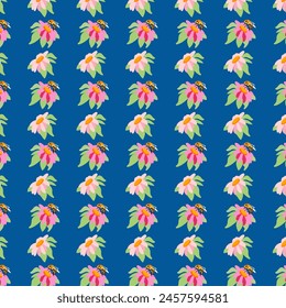 Summer background daisy bee turquoise backdrop summer pink meadow flowers ornament template packaging wallpaper chintz cambric muslin