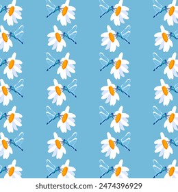 Summer background daisy dragonfly Blue seamless pattern spring white meadow flower  ornament wrapping fabric wallpaper chintz cambric muslin mosaic