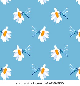 Fondo de verano margarita libélula Patrón azul sin fisuras primavera blanca pradera flor ornamento que envuelve la tela Fondo de pantalla chintz cambric muselina mosaico