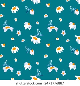 Summer background daisy dragonfly dark turquoise backdrop summer white wild flowers ornament template banner poster textile fabric