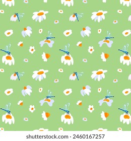 Summer background daisy dragonfly Green seamless pattern spring Blooming wildflower lush foliage ornament wrapping fabric wallpaper textile mosaic