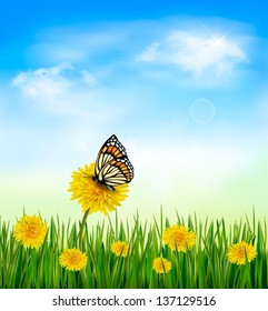 Summer background with dandelions and a butterfly. Vector.