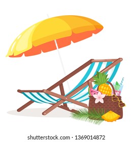 Summer background with deck chair and beach umbrella isolated on white background. Vector illustration.