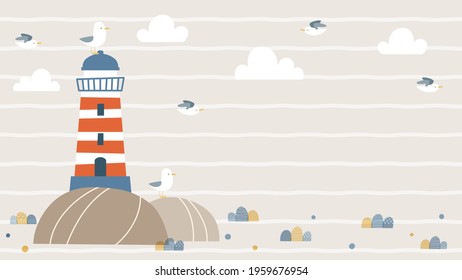 Summer background design with cartoon lighthouse and seagulls on striped background. Nautical background for social media header, web banner, wallpaper, video title, and more.