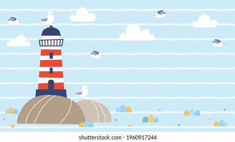 Summer background design with cartoon lighthouse and seagulls on striped background. Nautical background for social media header, web banner, wallpaper, video, invitation, and more.