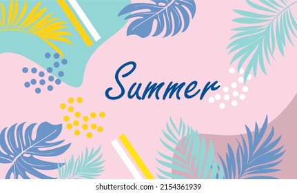 Summer background design with editable space areas and monstera leaves, palms and abstract elements decorating bright colors.