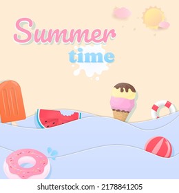 Summer background. Design with ice cream, ball, and swimming ring floating in the sea. Paper cut style.